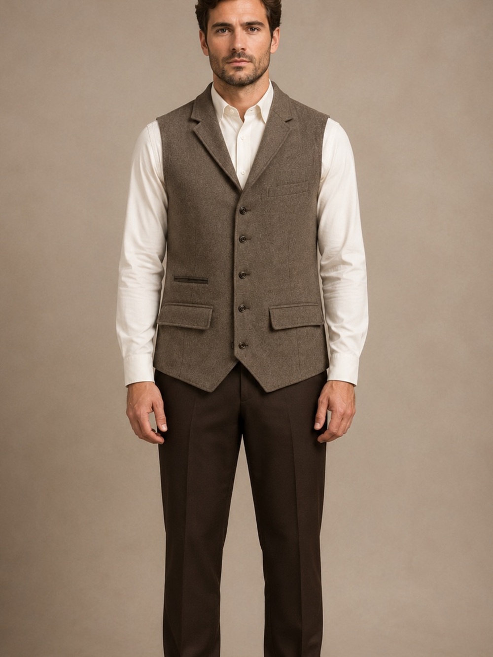 Overland Men’s Brown 100% Wool Leather Trim Button Vest Size XL